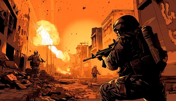 Soldaten op een door oorlog verwoeste stadsstraat maken zich klaar voor een explosie. Het intense oranje van de lucht en de silhouetten geven de chaos en urgentie van de situatie weer. De grond is bedekt met puin.