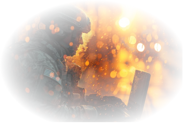 Een soldaat in uniform typt op een laptop bij zonsondergang, en de warme oranje bokeh creëert een intense, geconcentreerde sfeer. Sneeuwvlokken zijn zichtbaar.