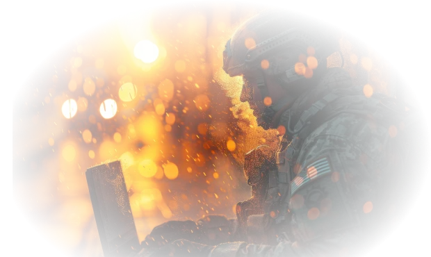 Een soldaat in uniform typt op een laptop bij zonsondergang, en de warme oranje bokeh creëert een intense, geconcentreerde sfeer. Sneeuwvlokken zijn zichtbaar.