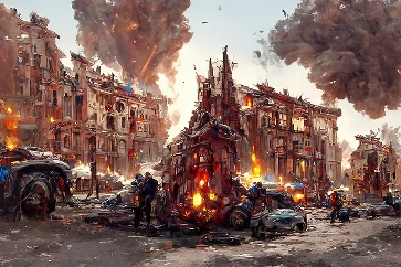 Een post-apocalyptische scène met instortende gebouwen, een brandend pantservoertuig en verspreide branden. Een eenzame figuur staat te midden van de verwoesting en brengt de chaos en vernietiging over.