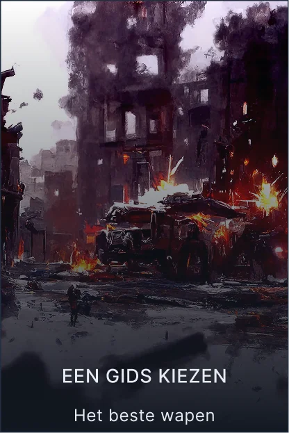 Een post-apocalyptische scène met instortende gebouwen, een brandend pantservoertuig en verspreide branden. Een eenzame figuur staat te midden van de verwoesting en brengt de chaos en vernietiging over.